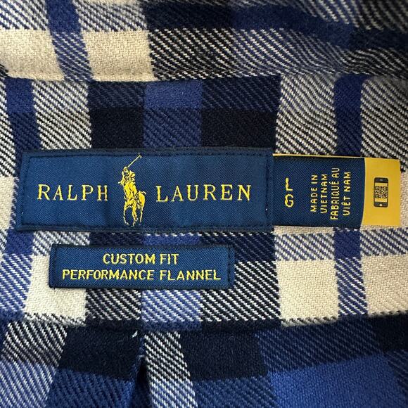 Ralph Lauren Custom Fit Performance Flannel Shirt Large Blue Tartan Plaid Preppy - Picture 7 of 8